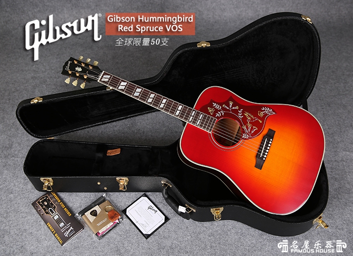 从1960开始,吉普森蜂鸟以她独特的外观和优越的品质,获得在众多著名品牌吉他之中较高的地位。而这款限量版的Gibson Hummingbird Custom Red Spruce VOS,在传承蜂鸟的经典之外还提升了许多。面板采用了“AA”级的Adirondack Red Spruce阿迪朗达克红杉木;漆面轻微做旧,使用经典60年代Vintage樱桃旭日渐变色VOS;经典金色Gotoh卷弦器、历史经典蜂鸟护板;手工制作,全球限量50支!